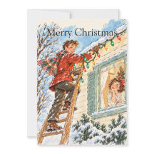 Retro Christmas Card with House Lights and Ladder