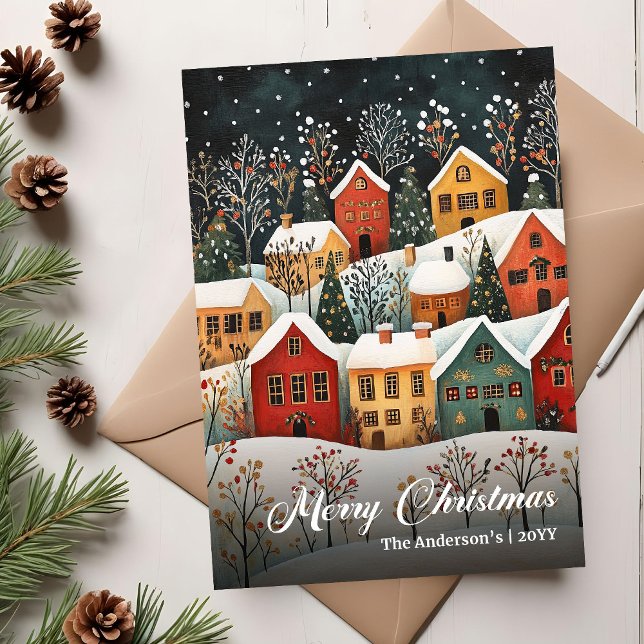 Tarjeta Festiva Retro Christmas Scene Holiday Greeting Template (Retro Christmas Scene Holiday Greeting Template)