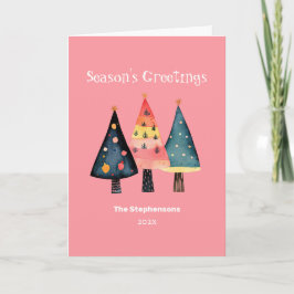 Tarjeta Festiva Retro Christmas Trees Pink Folded Holiday Card