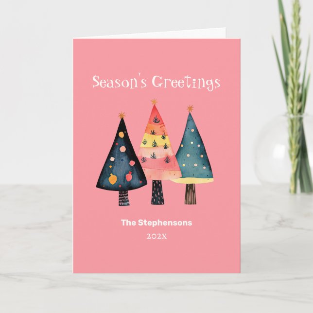 Tarjeta Festiva Retro Christmas Trees Pink Folded Holiday Card (Anverso)
