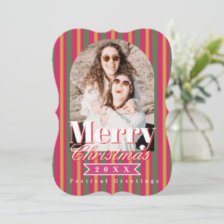 Tarjeta Festiva Retro Colours Stripes Christmas Photo