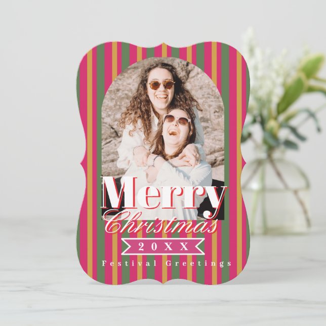 Tarjeta Festiva Retro Colours Stripes Christmas Photo  (Anverso de pie)