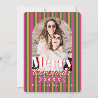 Tarjeta Festiva Retro Colours Stripes Christmas Photo