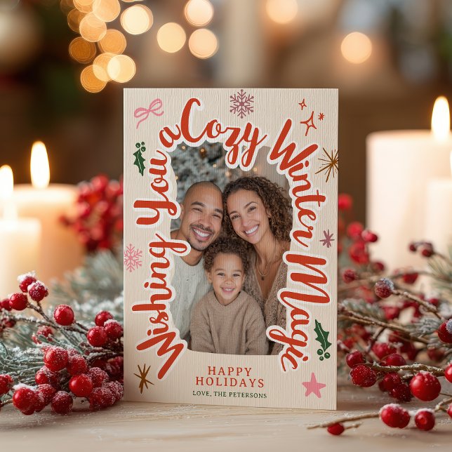 Tarjeta Festiva Retro Cozy Winter Hand drawn Christmas Photo (Retro Cozy Winter Hand drawn Christmas Photo Holiday Card)