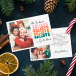 Tarjeta Festiva Retro creemos en la familia de Navidades de Santa<br><div class="desc">Difunde alegría,  amor y una rúbrica de alegría de las vacaciones y trae una vibración alegre a tu más cercana y querida con esta tarjeta de Navidades retro. Personalizar con tres de tus fotos familiares favoritas que capturan la magia de la temporada.</div>