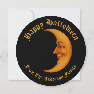 Tarjeta Festiva Retro Crescent Moon Face Happy Halloween