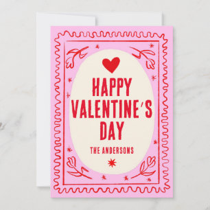 Tarjeta Festiva Retro de impresión de mano roja rosa Feliz Día de 