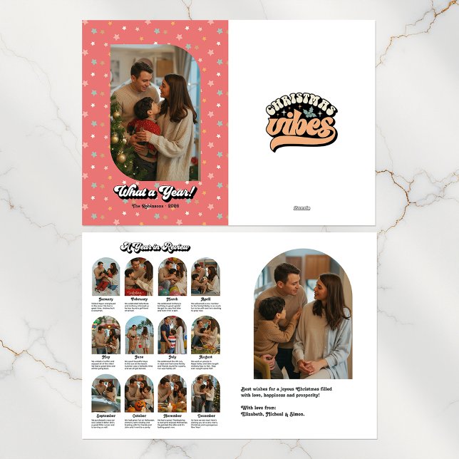 Tarjeta Festiva Retro de la familia "Año en revisión" Foto (Family Highlights Retro "Year in Review" Photo Holiday Card)