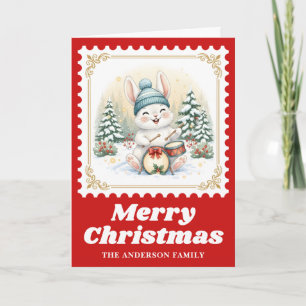 Tarjeta Festiva Retro de tambores de conejo Navidades de sello de 