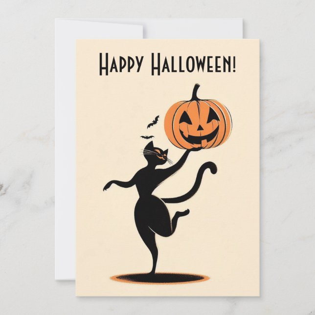 Tarjeta Festiva Retro Feliz Halloween Gato Negro Bailando Calabaza (Anverso)