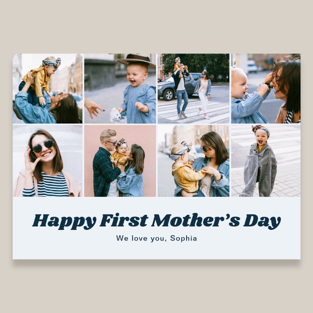 Tarjeta Festiva Retro First Mothers Day 12 Photo Collage Blue (Subido por el creador)