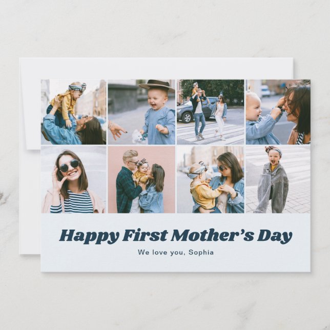 Tarjeta Festiva Retro First Mothers Day 12 Photo Collage Blue (Anverso)