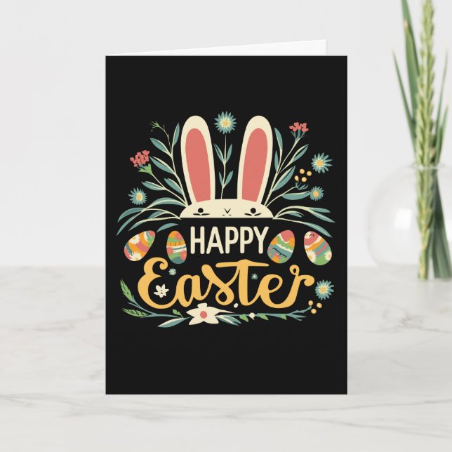 Tarjeta Festiva Retro Floral Happy Easter Bunny Boho Spring (Anverso)