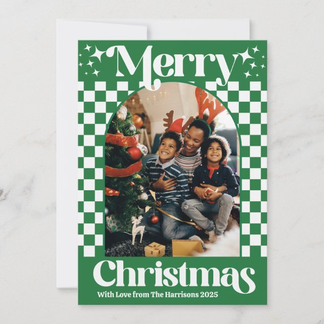 Tarjeta Festiva Retro Green Checkerboard Christmas Flat Card (Anverso)