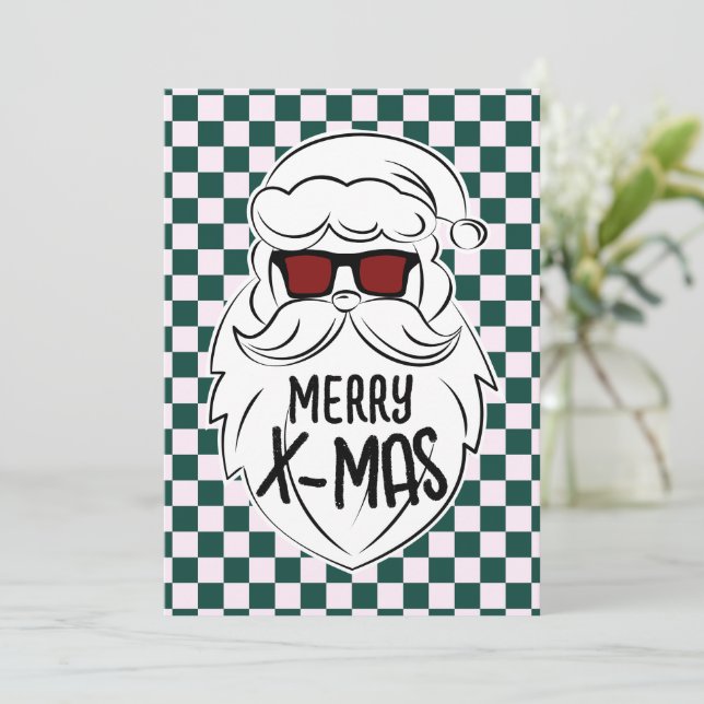 Tarjeta Festiva Retro Green Pink Checkered Santa Claus Christmas  (Anverso de pie)