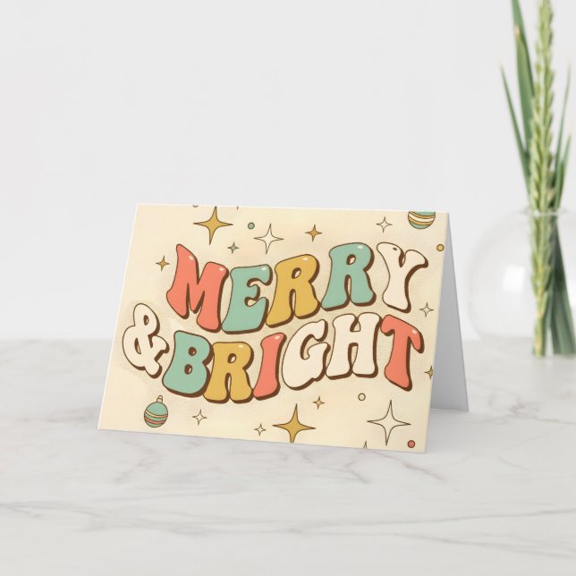 Tarjeta Festiva Retro Groovy Merry & Bright Christmas (Anverso)