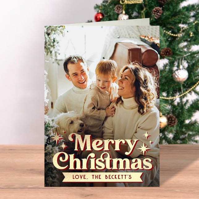 Tarjeta Festiva Retro Groovy Merry Christmas Photo Holiday Card (Subido por el creador)