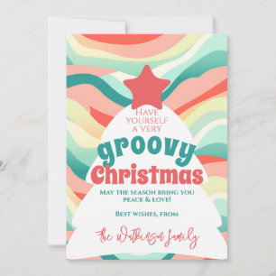 Tarjeta Festiva Retro Groovy Navidades Wave Arcoiris
