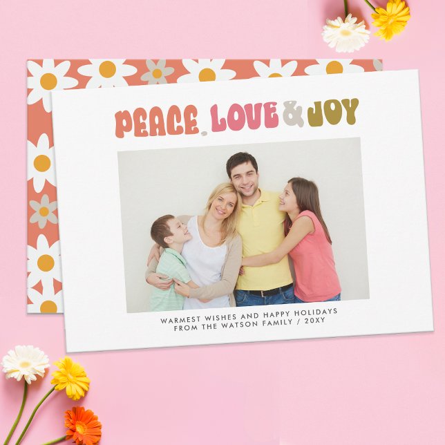 Tarjeta Festiva Retro Groovy Peace Love Joy Typography (Retro Groovy Peace Love Joy Typography Photo Holiday Card)