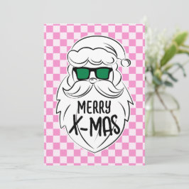 Tarjeta Festiva Retro Groovy Pink Checkered Santa Claus Christmas