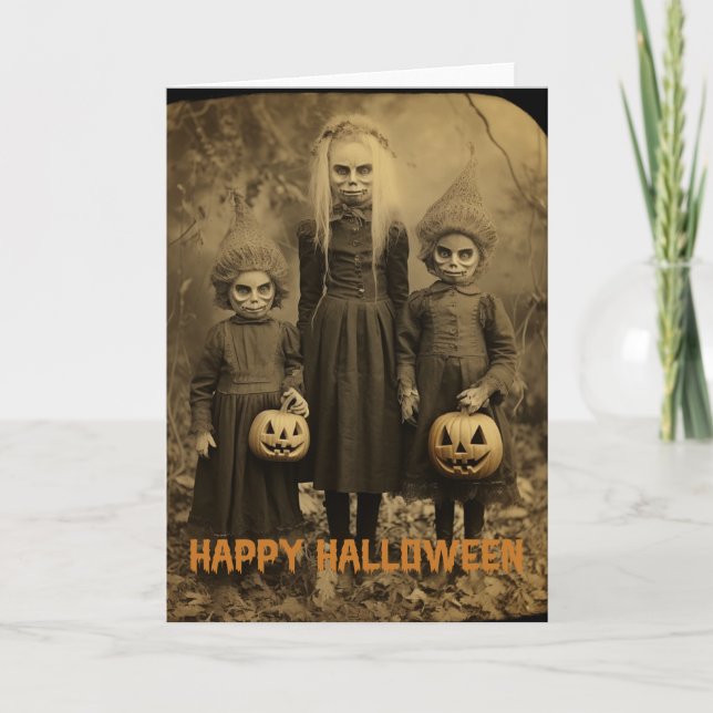 Tarjeta Festiva Retro Halloween niños escalofriantes con calabazas (Anverso)