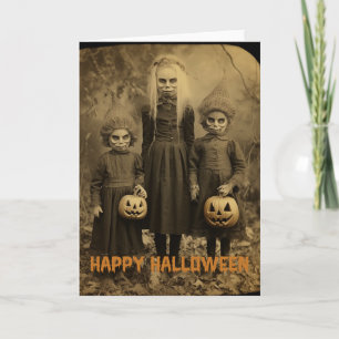 Tarjeta Festiva Retro Halloween niños escalofriantes con calabazas
