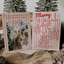 Tarjeta Festiva Retro Hand Drawn Red Funny Christmas Trees Bow