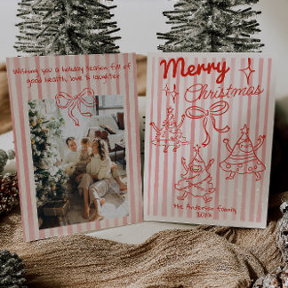 Tarjeta Festiva Retro Hand Drawn Red Funny Christmas Trees Bow