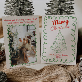 Tarjeta Festiva Retro Hand Drawn Red Green Vintage Christmas Tree 