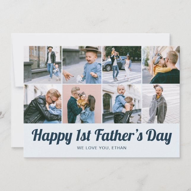 Tarjeta Festiva Retro Happy 1st Father's Day 12 Photo Collage Blue (Anverso)