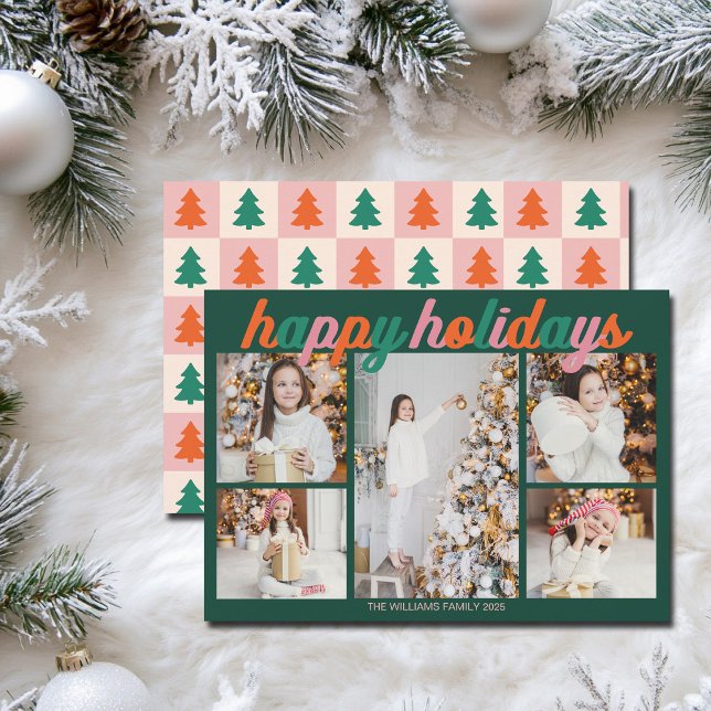 Tarjeta Festiva Retro Happy Holidays Cute Green Photo Collage (Subido por el creador)