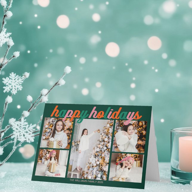 Tarjeta Festiva Retro Happy Holidays Cute Green Photo Folded (Subido por el creador)