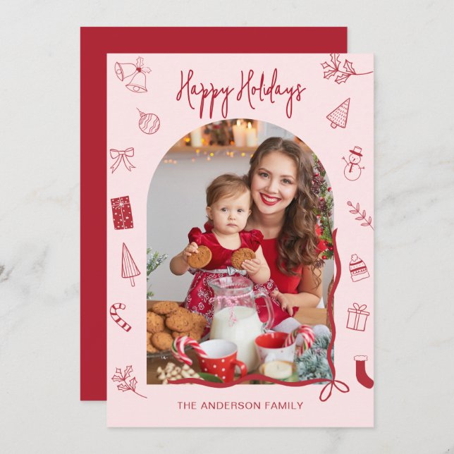 Tarjeta Festiva Retro Happy Holidays Photo Hand Drawn (Anverso / Reverso)