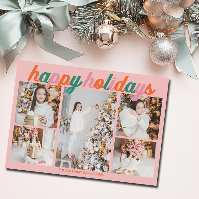 Tarjeta Festiva Retro Happy Holidays Pink Photo Collage (Subido por el creador)