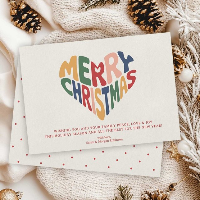 Tarjeta Festiva Retro Heart Merry Christmas Playful  (Retro Heart Merry Christmas Playful Holiday Card)