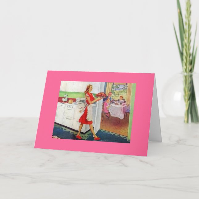 Tarjeta Festiva Retro Housewives en Acción de Gracias (Anverso)