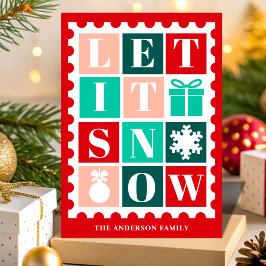 Tarjeta Festiva Retro Let It Snow Christmas Postage Stamp