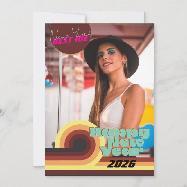 Tarjeta Festiva Retro Lines Happy New Year Teal Single Photo (Anverso)