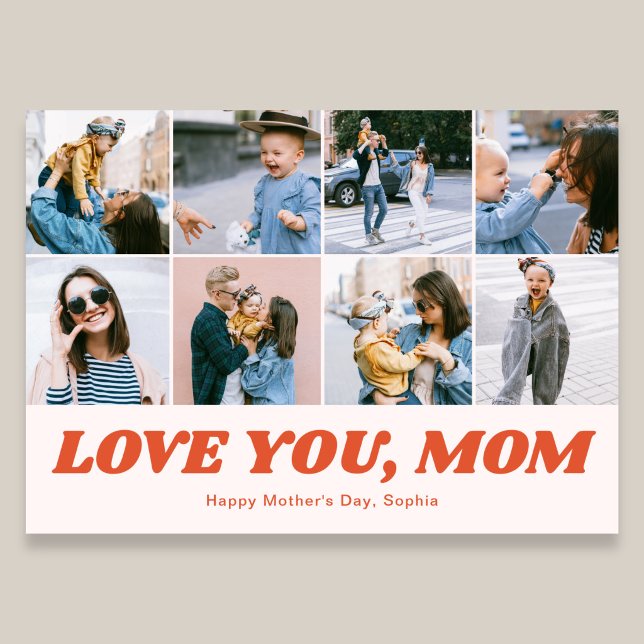 Tarjeta Festiva Retro Love You Mom 12 Photo Collage Pink (Subido por el creador)