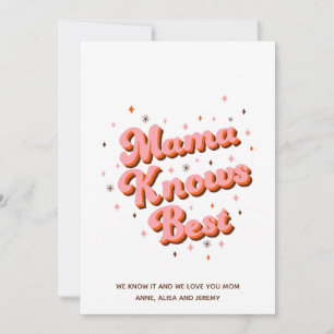 Tarjeta Festiva Retro Mama Sabe Más Rosa Marrón Letra de los 70