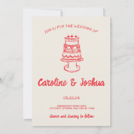 Tarjeta Festiva Retro Mano dibujada Red Quirky Cake Moderno Boda