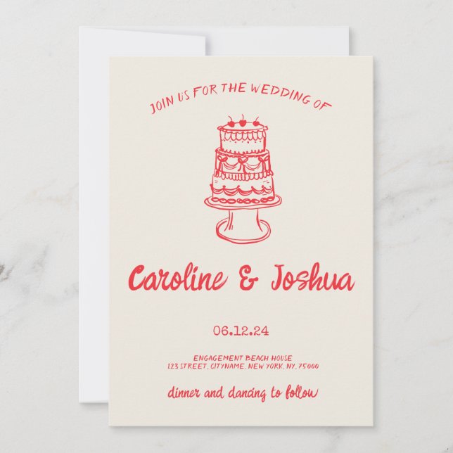 Tarjeta Festiva Retro Mano dibujada Red Quirky Cake Moderno Boda (Anverso)