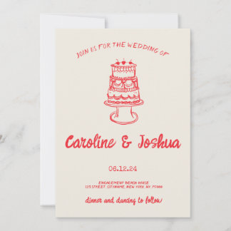 Tarjeta Festiva Retro Mano dibujada Red Quirky Cake Moderno Boda