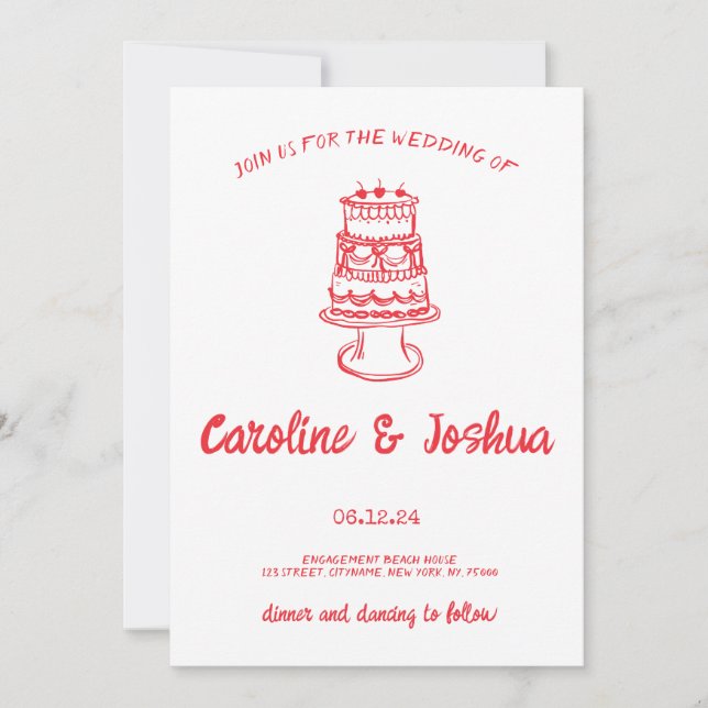 Tarjeta Festiva Retro Mano dibujada Red Quirky Cake Moderno Boda H (Anverso)
