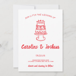 Tarjeta Festiva Retro Mano dibujada Red Quirky Cake Moderno Boda H