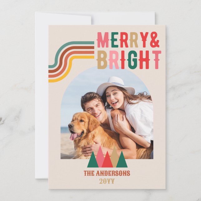 Tarjeta Festiva Retro Merry Bright Arch 4 Photo Navidades (Anverso)
