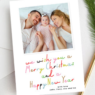 Tarjeta Festiva retro MERRY CHRISTMAS y una foto de Año Nuevo