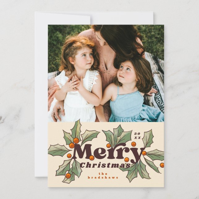 Tarjeta Festiva Retro Merry Holly Photo (Anverso)