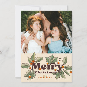 Tarjeta Festiva Retro Merry Holly Photo