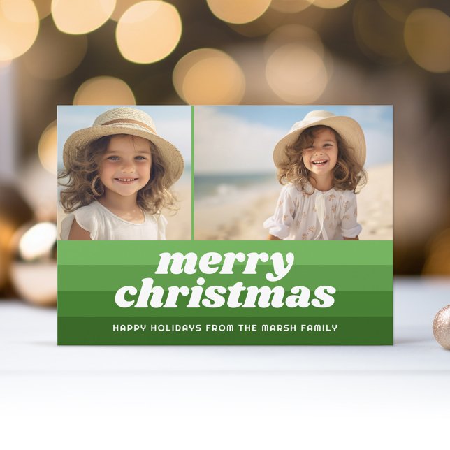 Tarjeta Festiva Retro Merry Line Art Green - 2 Photo - Vibe de los (Retro Stripe Christmas Card with 2 Photos - Vibrant Olive Green Shades - Print and Download Option)